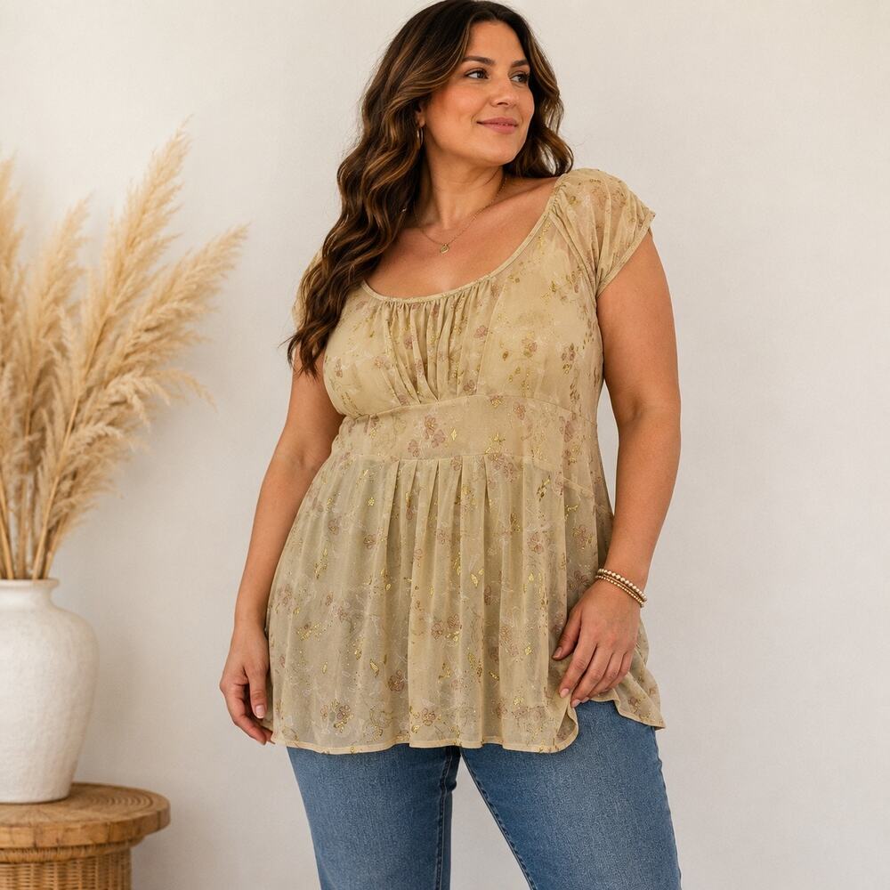 Venezia Sheer Gold Floral Mesh Babydoll Tunic Top Y2K Fairycore Plus Sz 22/24